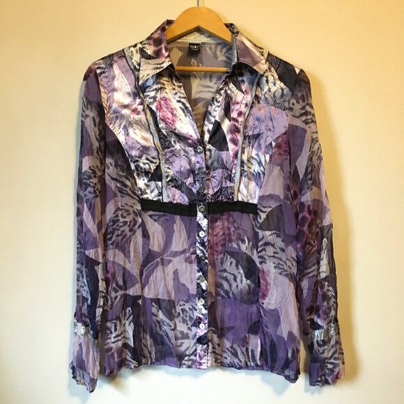 SE Stenau Purple Whimsigoth Floral & Animal Print Button Down Shirt - Picture 3 of 16